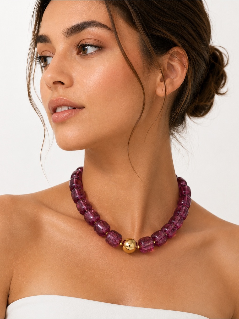 Purple Bead Gold Ball Necklace - Picture 2 of 8